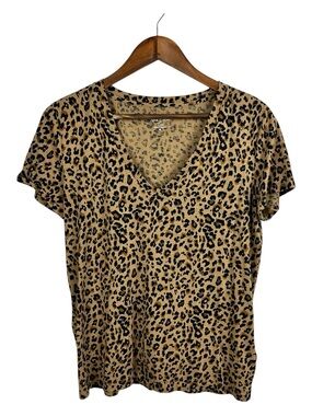 J CREW Women Slub Cotton Tee V Neck T-Shirt Leopard Animal Print Size M